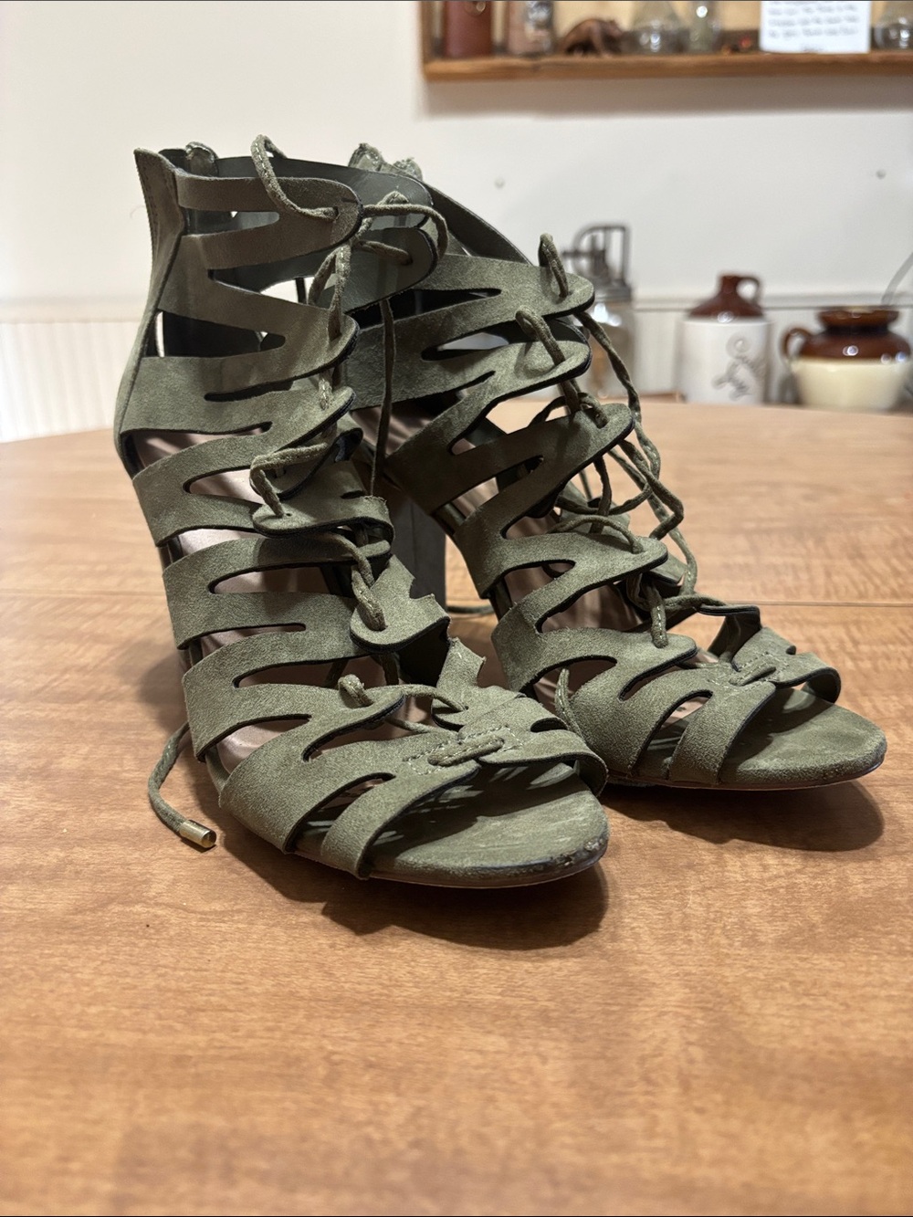 Olive Green Lace-Up Strappy High Heel Sandals